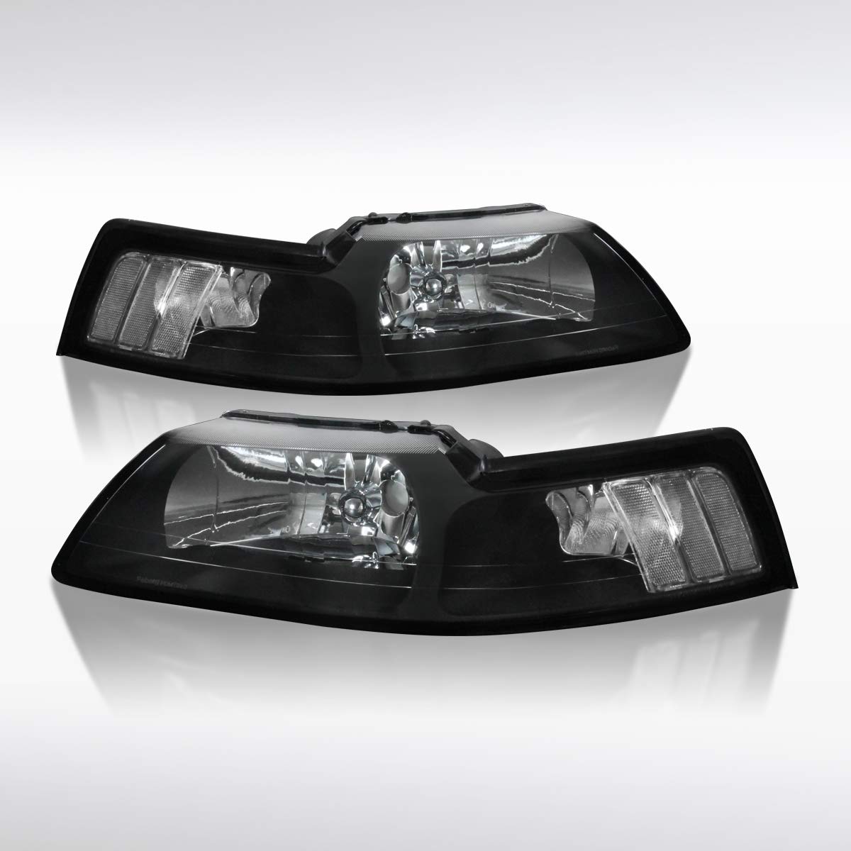 AUTOZENSATION Black & Clear Reflector Headlights Compatible with 1999-2004 Ford Mustang - Left & Right Pair Replacement Headlamps for Improved Night Driving & Car Customization
