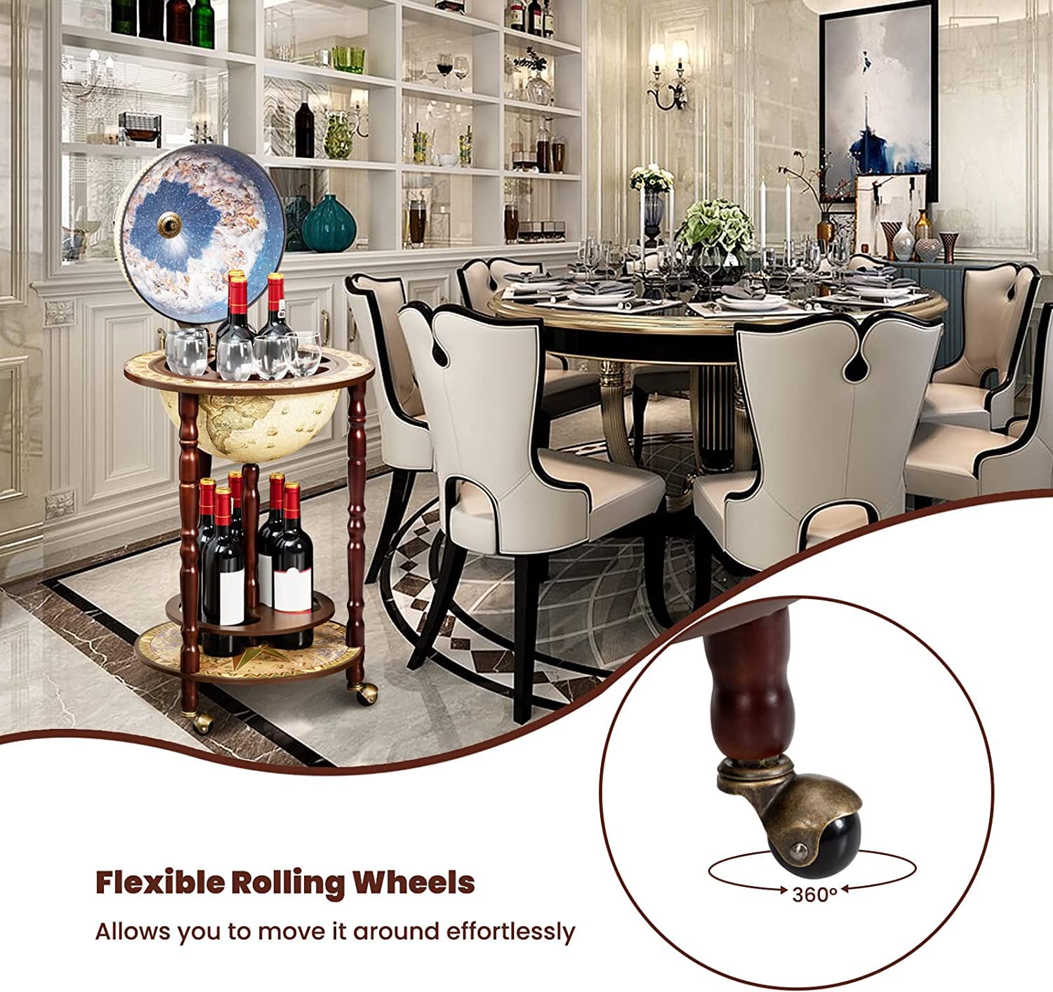Byroce Globe Bar Cart - Wooden Wine Bar Cabinet with Wheels & Liquor Bottle Shelf - Italian Style Rolling Liquor Cabinet for Home Bar, Dining Room & Living Room - Cream White - Perfect for Cocktail Parties, Wine Tasting & Home Entertaining
