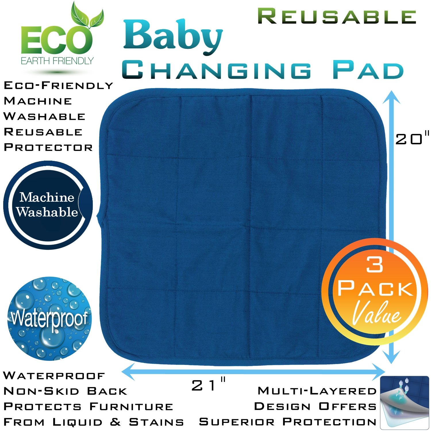 Comfort Finds Baby Changing Pad - Absorbent Reusable Diaper Changing Mat - Portable Waterproof Toddler Changing Liner (Navy, 3 Pack) for Nursery, Travel & On-the-Go Diaper Changes