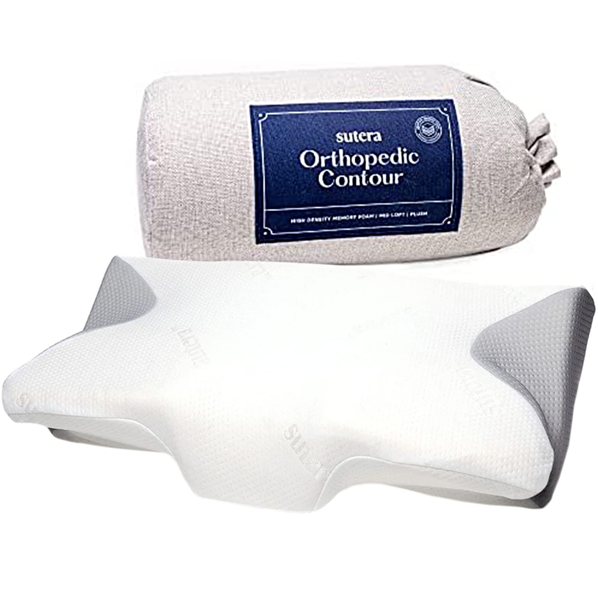 **SUTERA - Orthopedic Memory Foam Pillow for Neck & Back Pain Relief, Cervical Support Contour Pillow for Side, Back & Stomach Sleepers - Ergonomic Design with Washable Cover - Ideal for Home, Travel & Office Use**