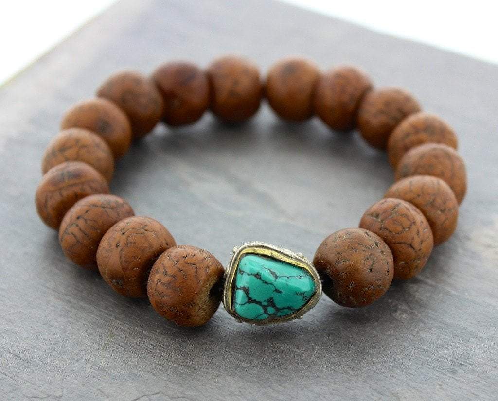 Bodhi Seed & Turquoise Stretchy Wrist Mala Bracelet - Yoga Meditation Prayer Beads for Mindfulness, Stress Relief & Spiritual Practice