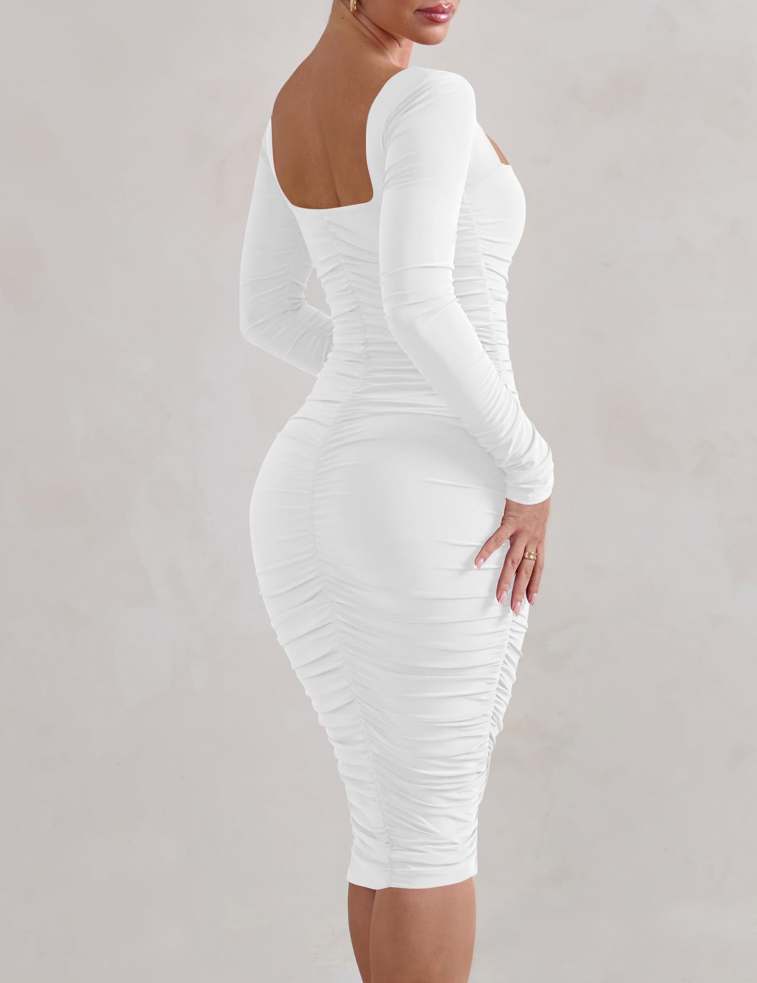 HOCILLE Women's Sexy Long Sleeve Bodycon Dress - Square Neck Ruched Midi Dress for Cocktail Party, Night Out, Date Night & Special Occasions