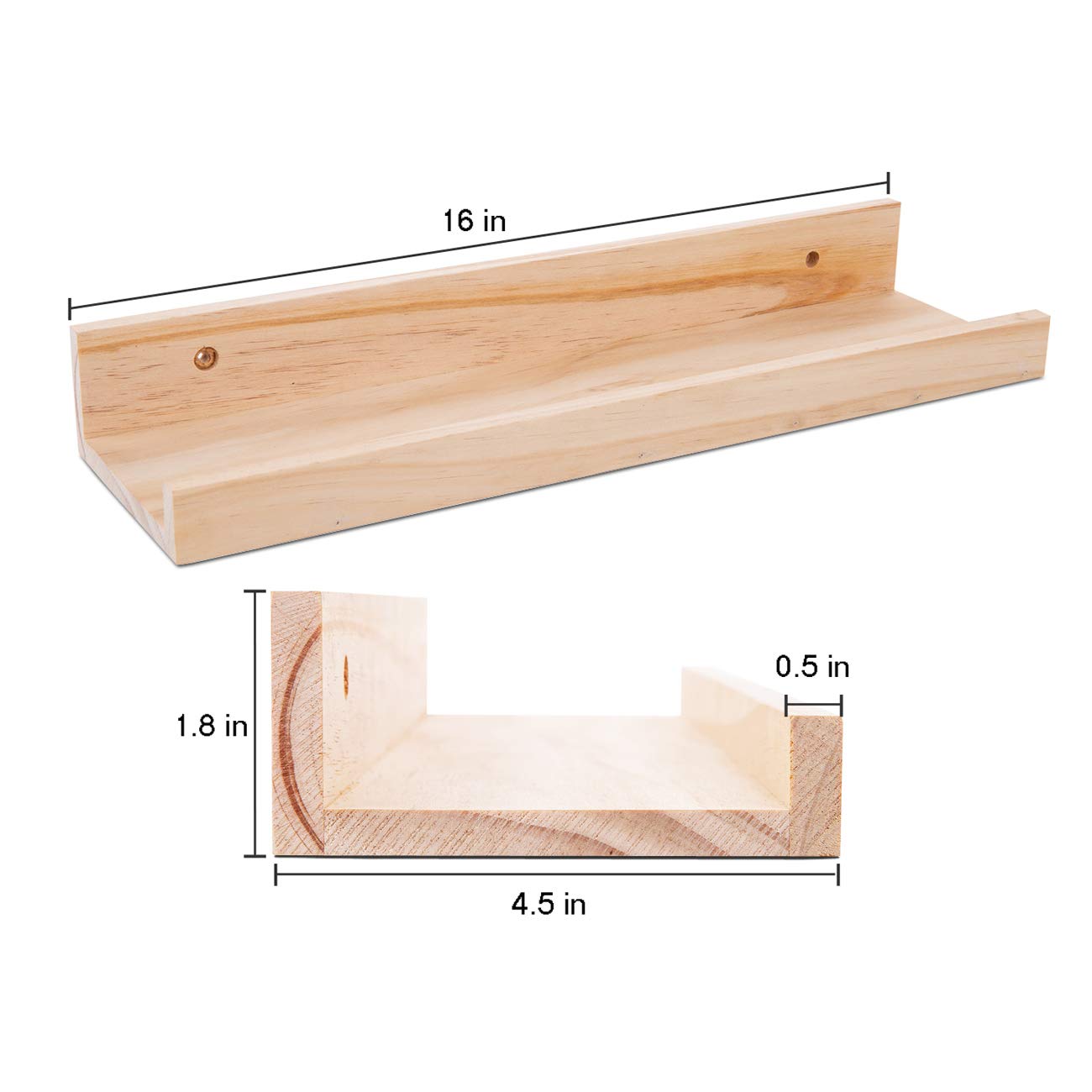 AZSKY Set of 2 Floating Shelves 16 Inch - Natural Wood Wall Shelves for Picture Frames, Books & Decor - Perfect for Living Room, Nursery & Gallery Display