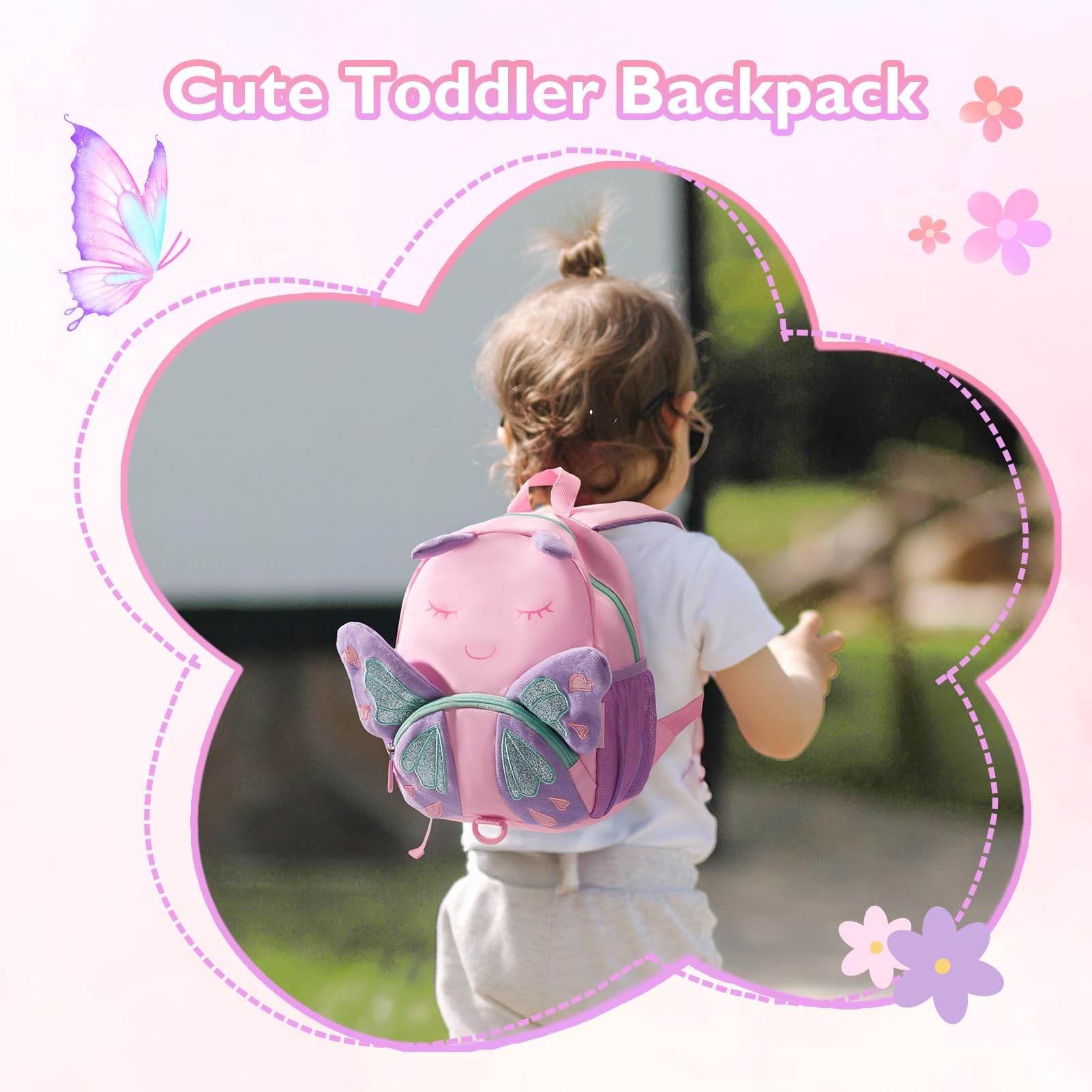 Mommore Toddler Backpack for Girls Age 2-4 | 3D Cartoon Mini Kids Travel Bag with Leash & Chest Buckle | Water-Resistant Pre-K School Backpack | Butterfly Design | Perfect for Daycare, Preschool & Family Trips