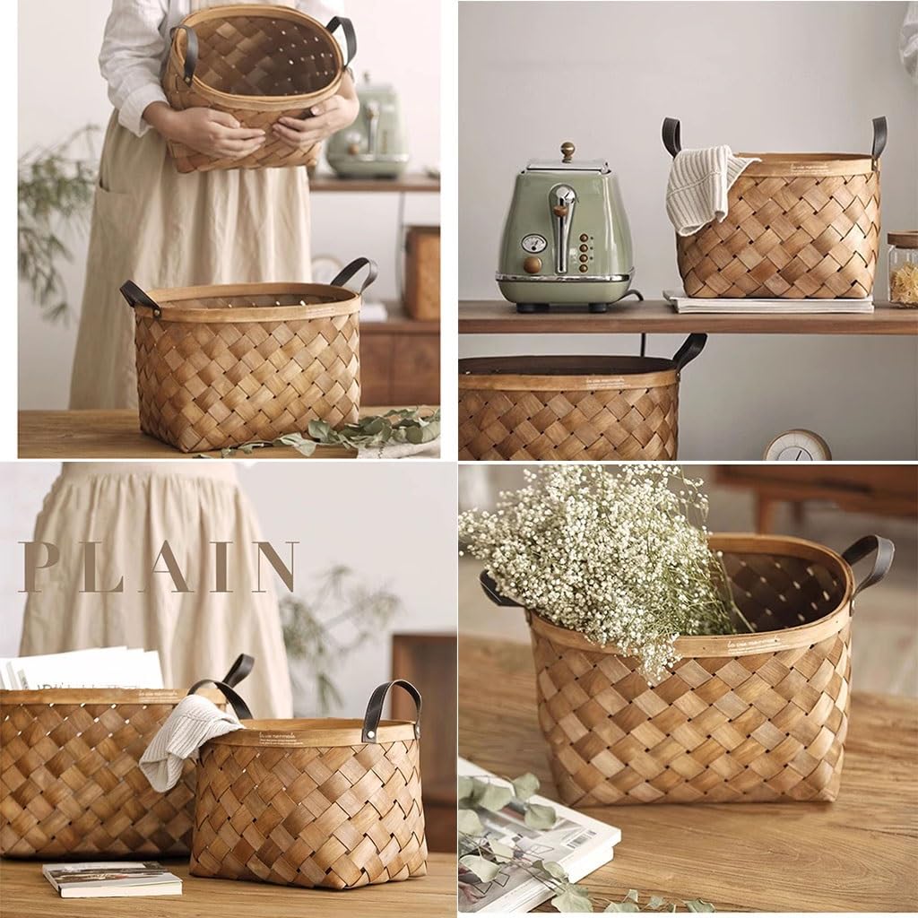 Round Woven Storage Basket with Leather Handle - Open Design Organizer for Shelves, Living Room, Nursery & Bathroom - Small Felt Basket for Home Decor & Countertop Storage