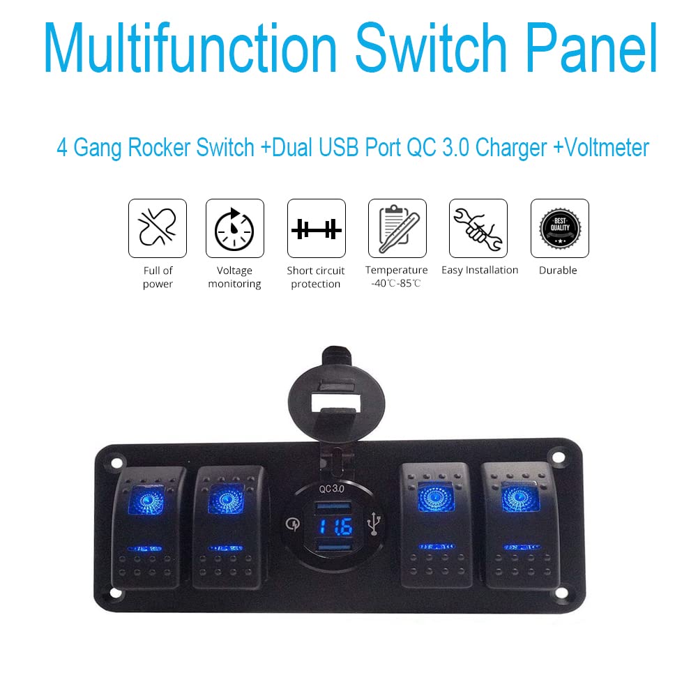 12V-24V DC Marine Switch Panel with Quick Charge Dual USB Ports & Voltmeter - Waterproof Rocker Switch for Boats, RVs, Trucks - Night Glow Stickers for Easy Night Use - Perfect for Marine, Camping & Off-Road Adventures