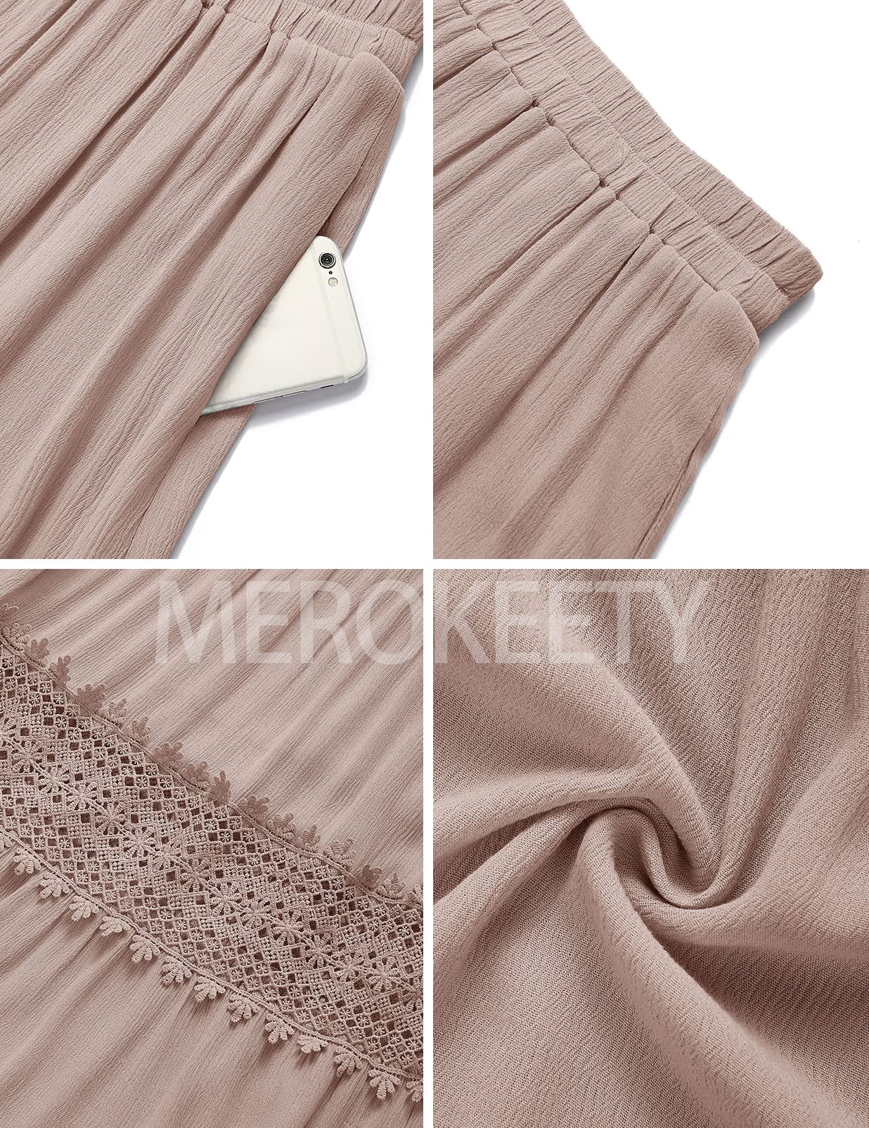 MEROKEETY Women's Boho Elastic High Waist Pleated A-Line Ruffle Lace Trim Tiered Midi Maxi Skirt with Pockets - Perfect for Summer, Beach, Vacation & Casual Outfits