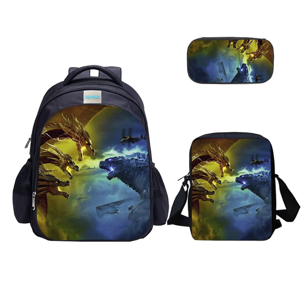 MATMO Dinosaur Backpack and Lunch Bag Set for Boys - School Backpack with Shoulder Bag & Pencil Case (3-Piece Set) - Perfect for School, Travel, and Outdoor Adventures