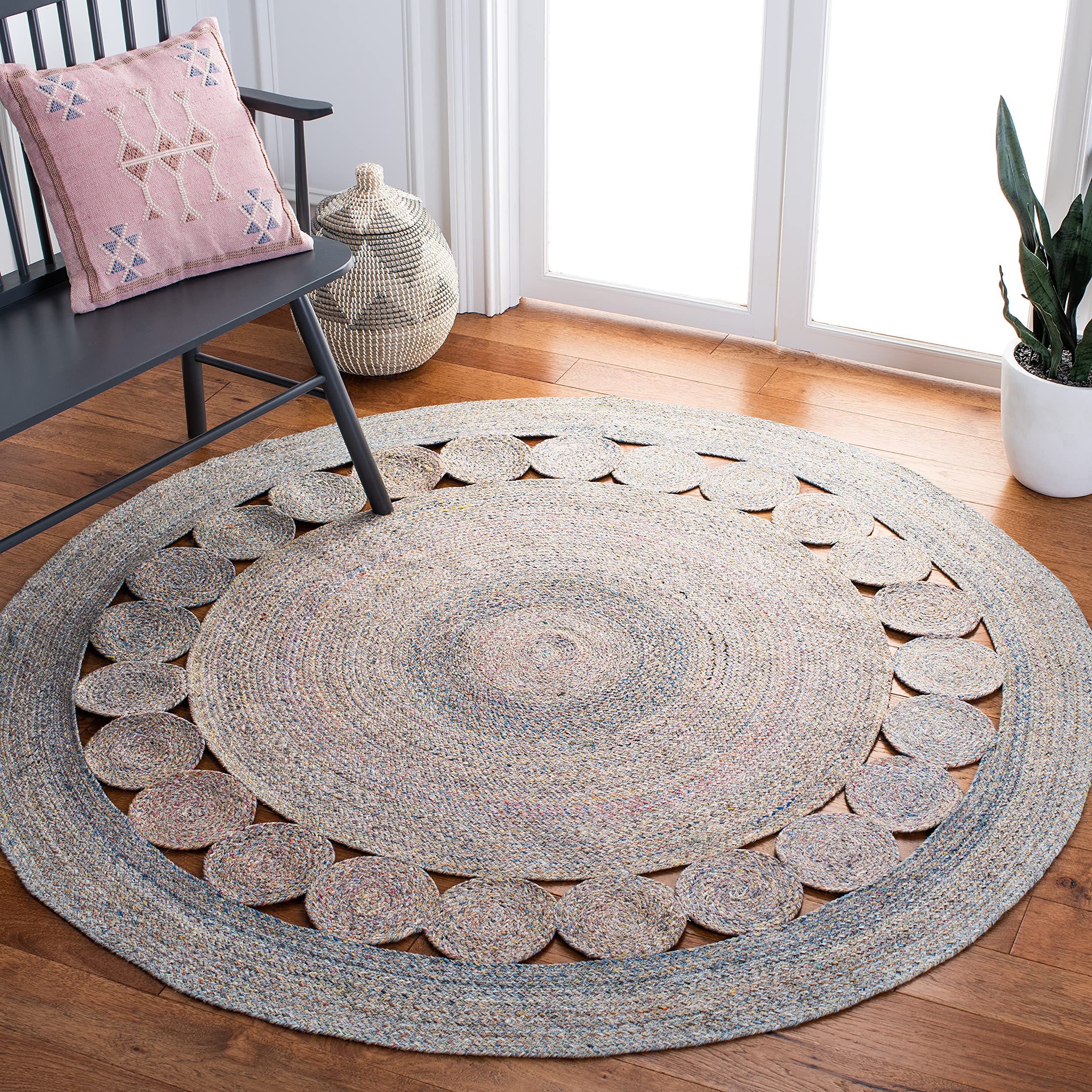 SAFAVIEH Cape Cod Collection 7-Foot Round Yellow & Pink Braided Area Rug - Handmade Cotton - Perfect for Living Room, Bedroom, or Nursery Decor