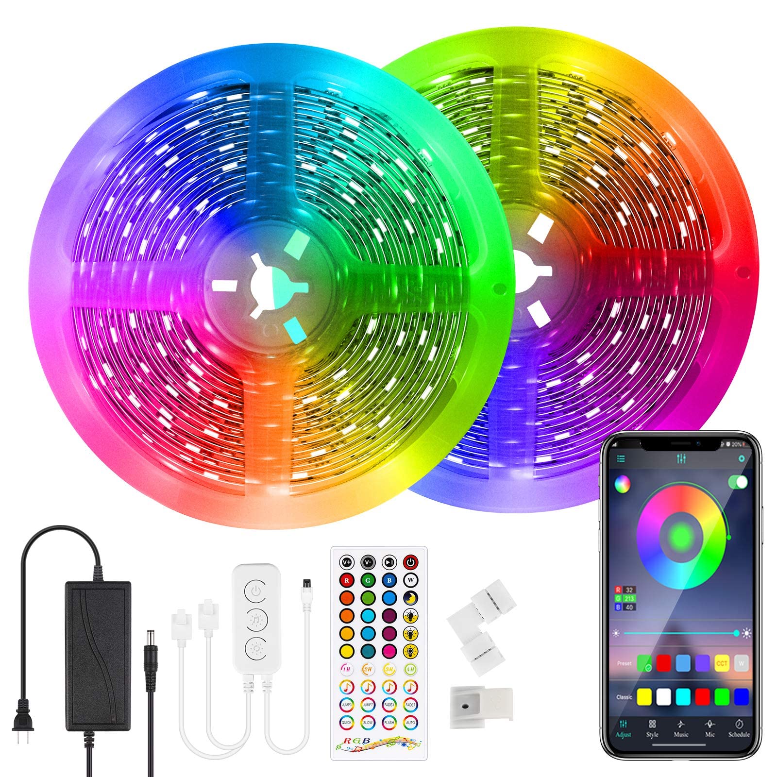 Relohas 65.6ft RGB LED Strip Lights with Bluetooth App Control & Music Sync - Color Changing 5050 SMD Light Strips with Remote - Perfect for Home, Bedroom, Kitchen, Party & Gaming Room Decor