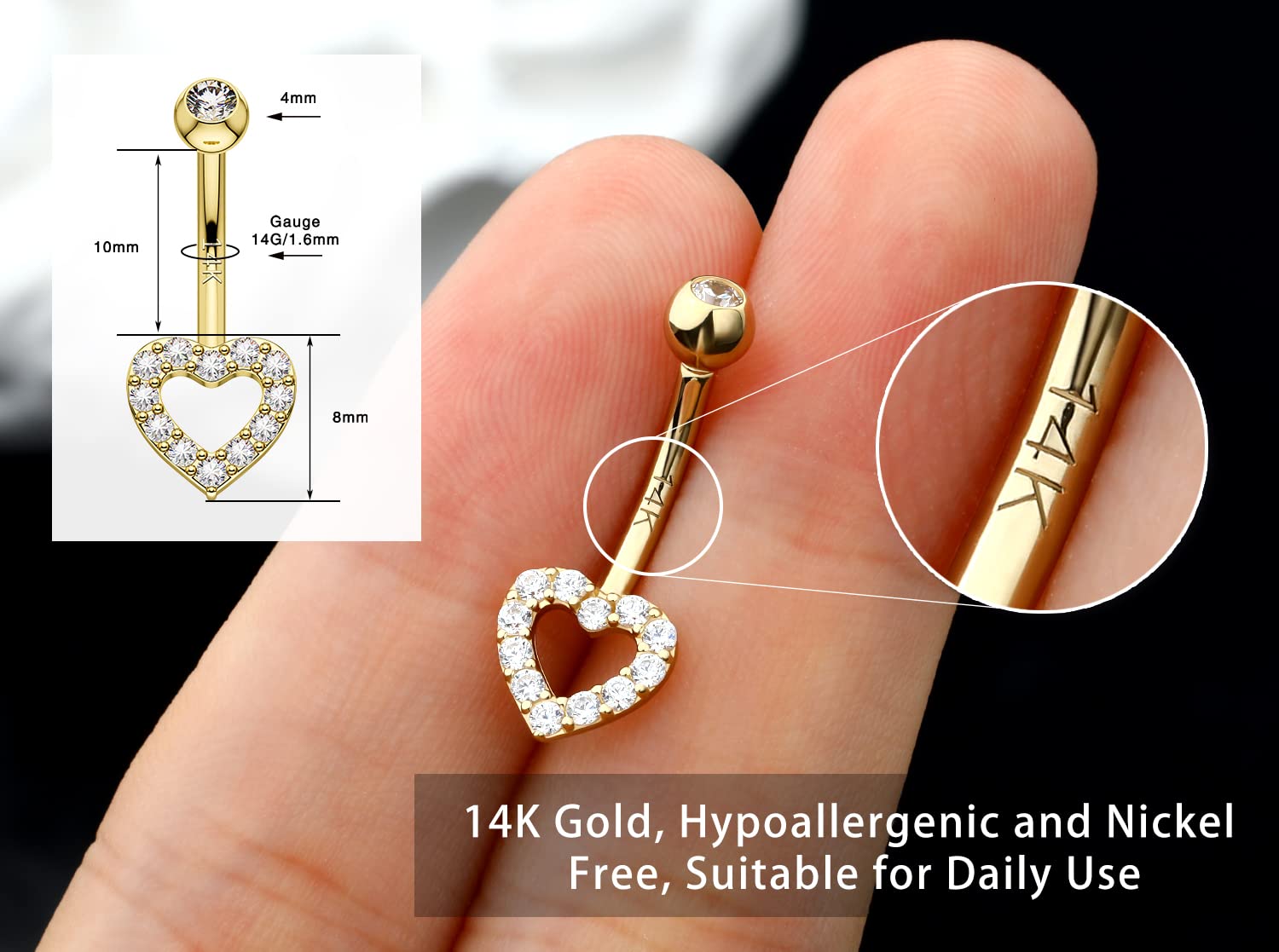 14K Real Gold Belly Button Rings for Women - Heart Shaped Navel Piercing Jewelry with Clear CZ Stones | Perfect for Everyday Wear, Parties, and Beach Outfits