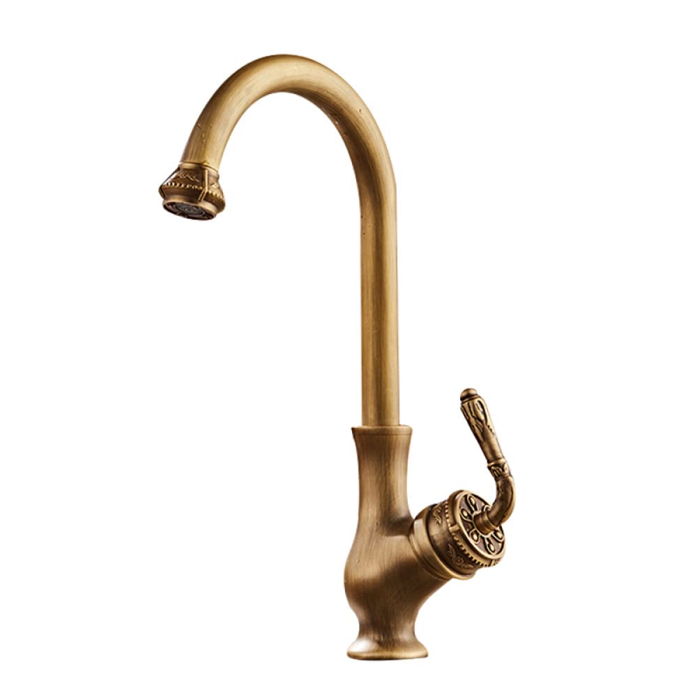 Antique Brass Kitchen Faucet with 360° Swivel Spout - Hot & Cold Water Mixer Tap in Vintage Copper Finish (Model 8043) for Modern Farmhouse & Rustic Kitchen Decor