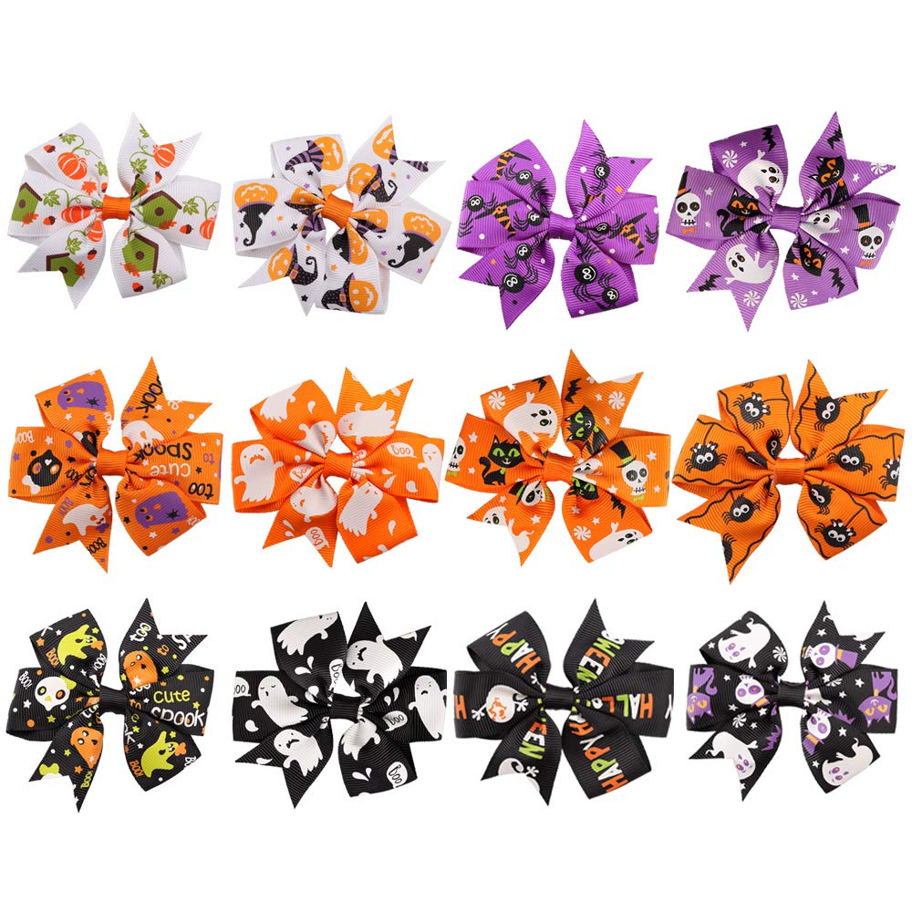 Rocutus 12-Piece Halloween Bow Knot Hair Clips Set - Grosgrain Ribbon Hair Bows for Girls, Women (Orange/Black) - Perfect for Halloween Costumes, Parties, School Events & Cosplay