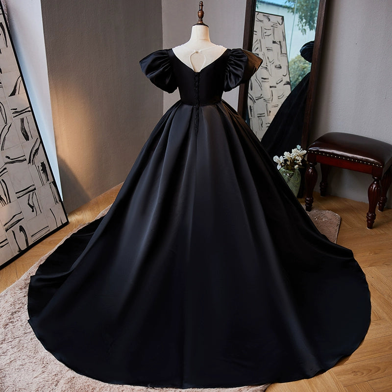Black Princess Round Floor Length Satin Flower Girl Dress for Weddings, Pageants & Special Occasions
