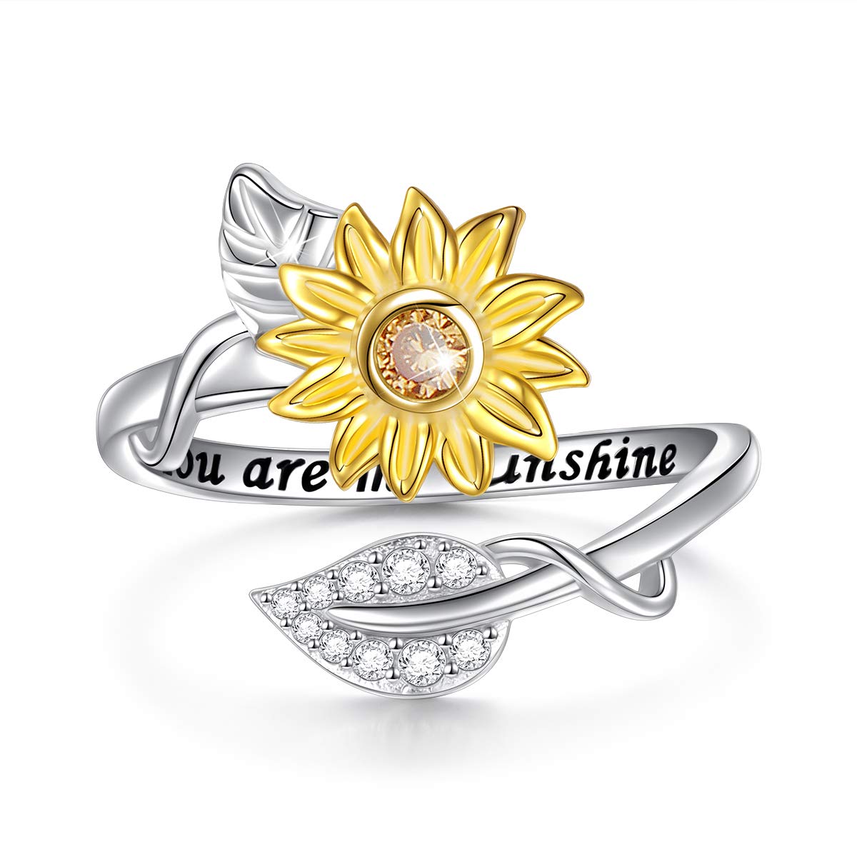 DAOCHONG Sterling Silver Sunflower Ring - You Are My Sunshine CZ Ring with 100 Languages 'I Love You' Stone | Anxiety Relief Fidget Spinner Jewelry | Perfect for Gifts, Weddings & Everyday Wear