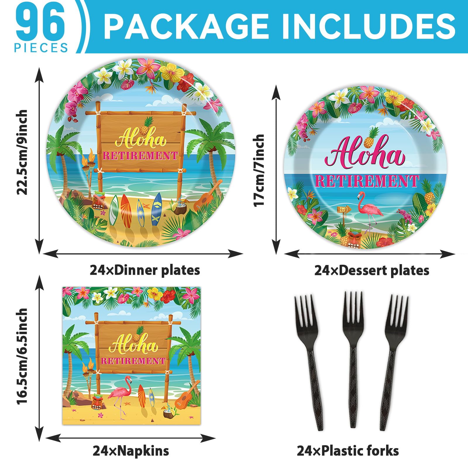 Tropical Hawaiian Luau Retirement Party Supplies - 24-Pack Disposable Paper Plates & Napkins for Beach Theme, Summer Aloha & Happy Retirement Celebrations | Perfect for Luau Parties, Beach Gatherings & Retirement Sendoffs