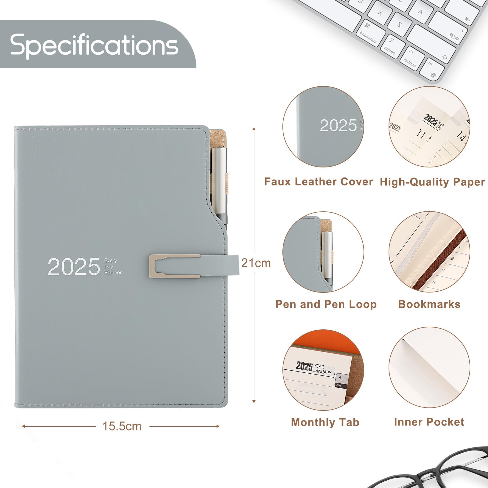 2025 Academic Planner - A5 Day-to-Page Diary with Calendar Stickers, Pen Holder & Premium Thicker Paper (14x21.5cm, Blue) - Perfect for Students, Professionals & Daily Organization