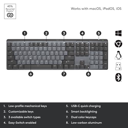 Logitech MX Mechanical Wireless Keyboard - Tactile Quiet Switches, Backlit Keys, Bluetooth/USB-C, Compatible with macOS, Windows, Linux, iOS & Android - Premium Metal Design in Graphite - Perfect for Office Work, Gaming & Programming
