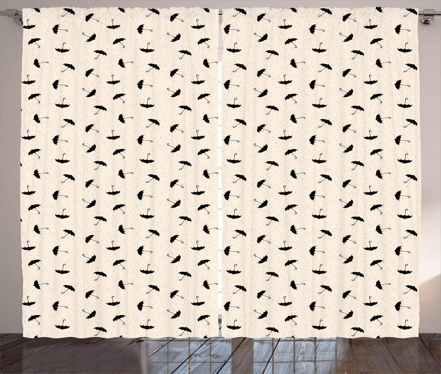 Ambesonne Rain Shower Curtains - Black Grey Beige Water Droplets & Umbrellas Design - 108x90 Inch Bathroom Window Drapes 2 Panel Set for Living Room & Bedroom Decor | Waterproof Fabric for Shower, Bath, Nursery & Dorm Room