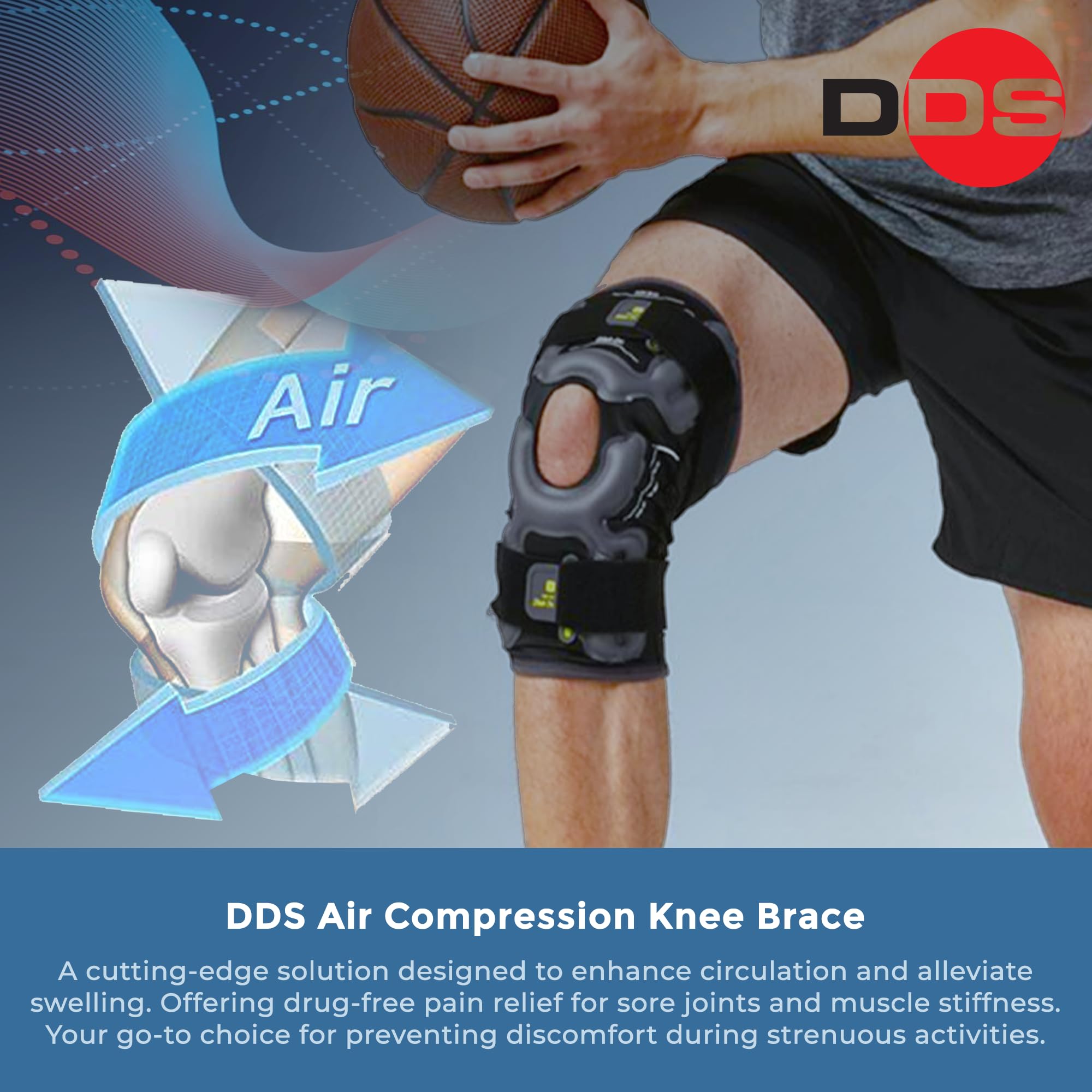 DDS, Inc. Air Pneumatic Compression Knee Brace for Pain Relief & Support - Adjustable Knee Brace for Meniscus Tear, Joint Pain, Muscle Stiffness, Swelling & Improved Circulation - Ideal for Running, Basketball, Workouts & Post-Surgery Recovery (Medium)