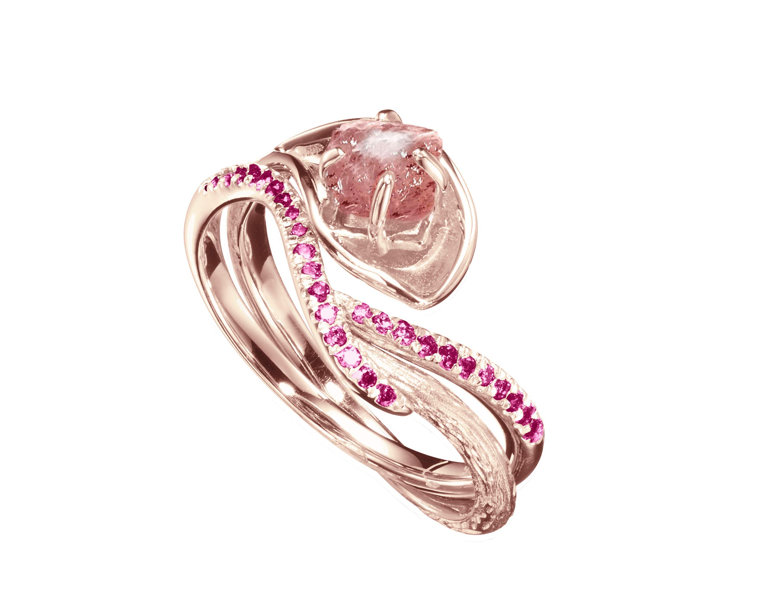 Majade Lily Wedding Ring Set - Raw Rose Quartz Engagement Ring & Pink Sapphire Wedding Band Bridal Set in 14K Gold | Handmade Twig Wood Texture, Nature-Inspired Floral Matching Rings for Brides, Anniversaries & Romantic Gifts