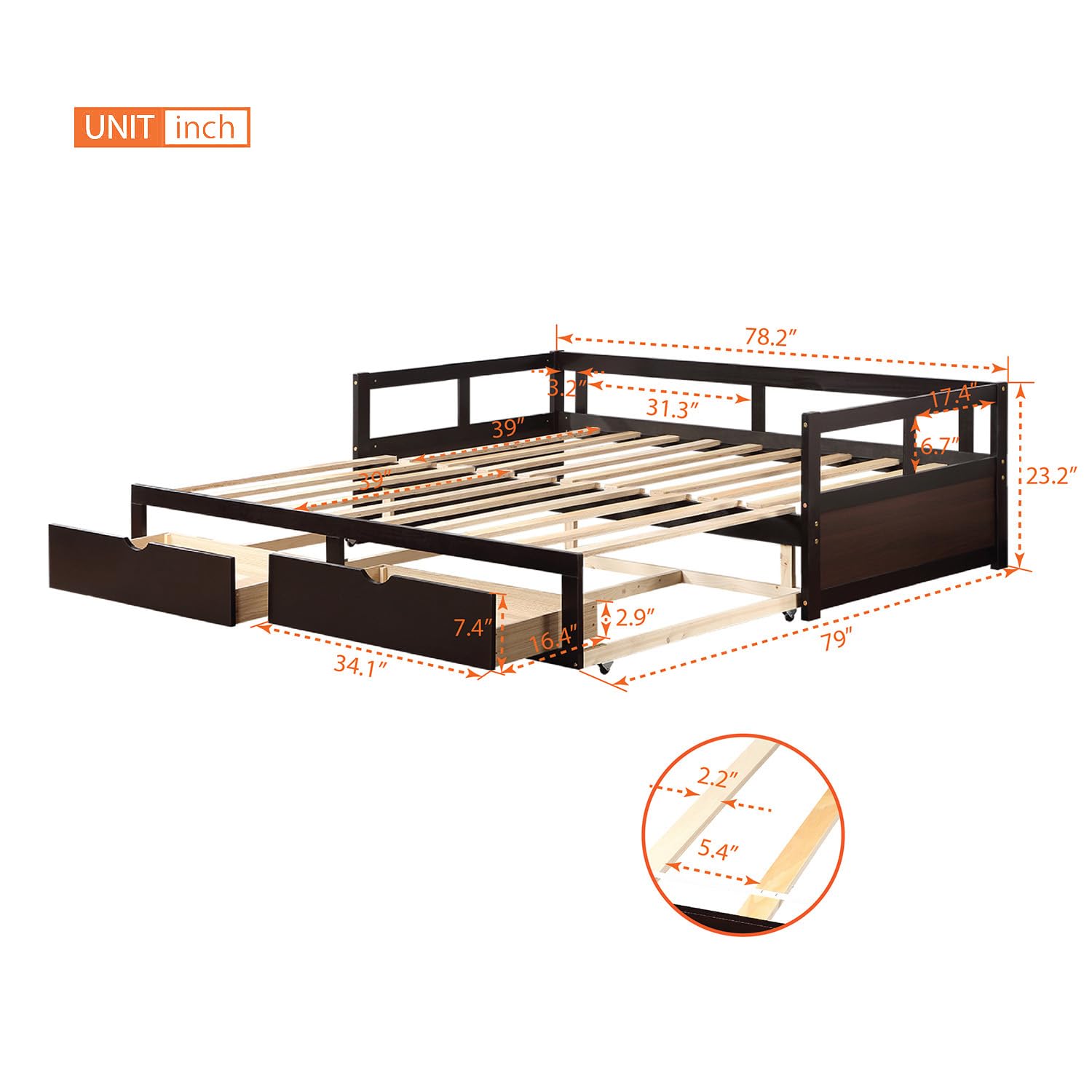 Extendable Daybed with Trundle - Twin to King Size Wooden Storage Bed for Kids, Teens & Adults | No Box Spring Needed | Espresso Finish | Perfect for Guest Rooms, Dormitories & Small Spaces