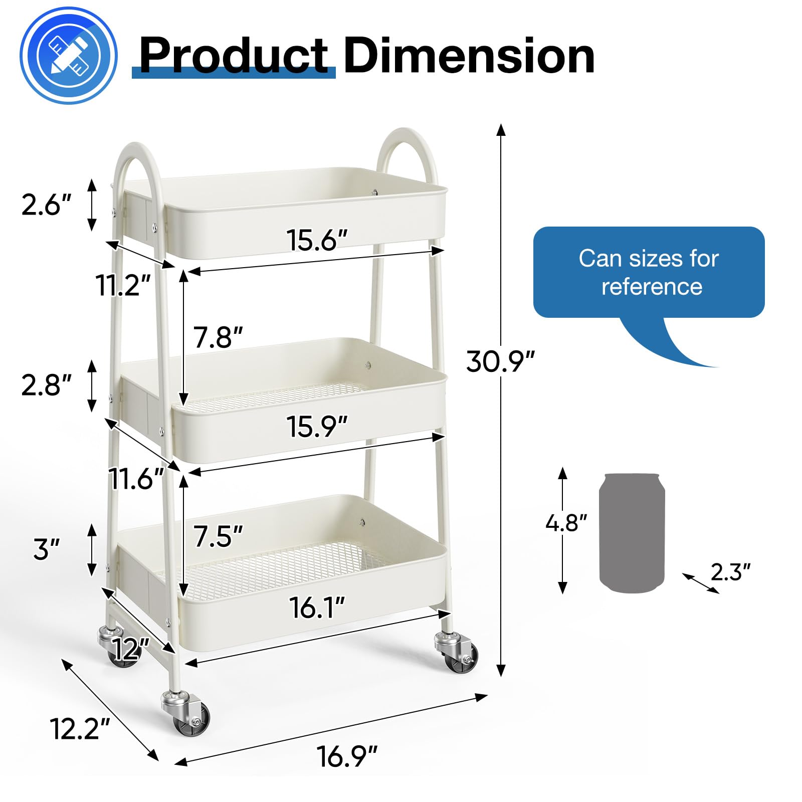 OLIXIS 3-Tier Metal Rolling Cart with Lockable Wheels - Mobile Storage Shelf Organizer for Kitchen, Bathroom, Living Room & Small Spaces - White - Perfect for Home Organization, Office Supplies & Closet Storage