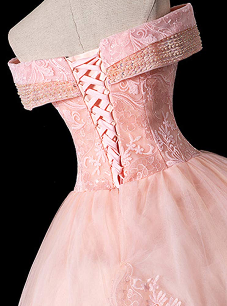 Elegant Off Shoulder Beaded Quinceanera Ball Gown - Women's Formal Applique Dress in Pale Pink for Prom, Wedding & Special Occasions