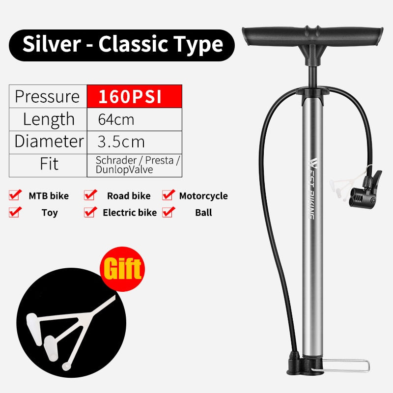High Pressure Bike Floor Pump 120/160PSI - Bicycle Tire Inflator with Schrader & Presta Valve for Road & MTB - Perfect for Home, Garage & Cycling Trips