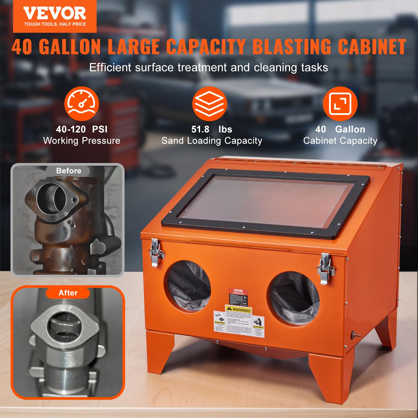 VEVOR 40 Gallon Sandblasting Cabinet - Heavy Duty Steel Benchtop Sand Blaster with Blasting Gun & 4 Ceramic Nozzles (40-120 PSI) for Paint, Rust, and Stain Removal | Ideal for Metal Restoration, Automotive Parts Cleaning, and DIY Projects