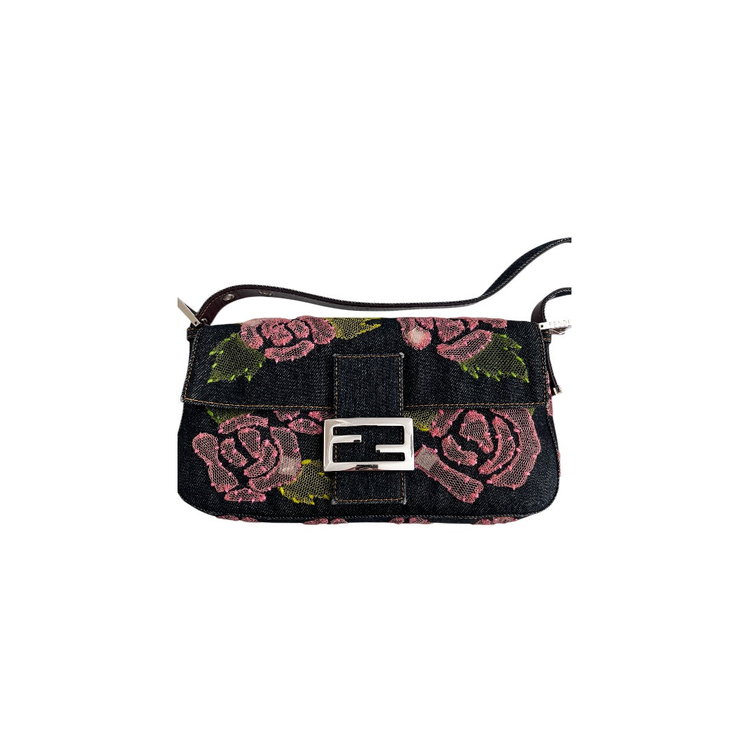 Fendi Rose Denim Baguette Bag - Luxury Designer Crossbody Handbag for Women | Perfect for Casual Outings, Date Nights & Travel Accessories