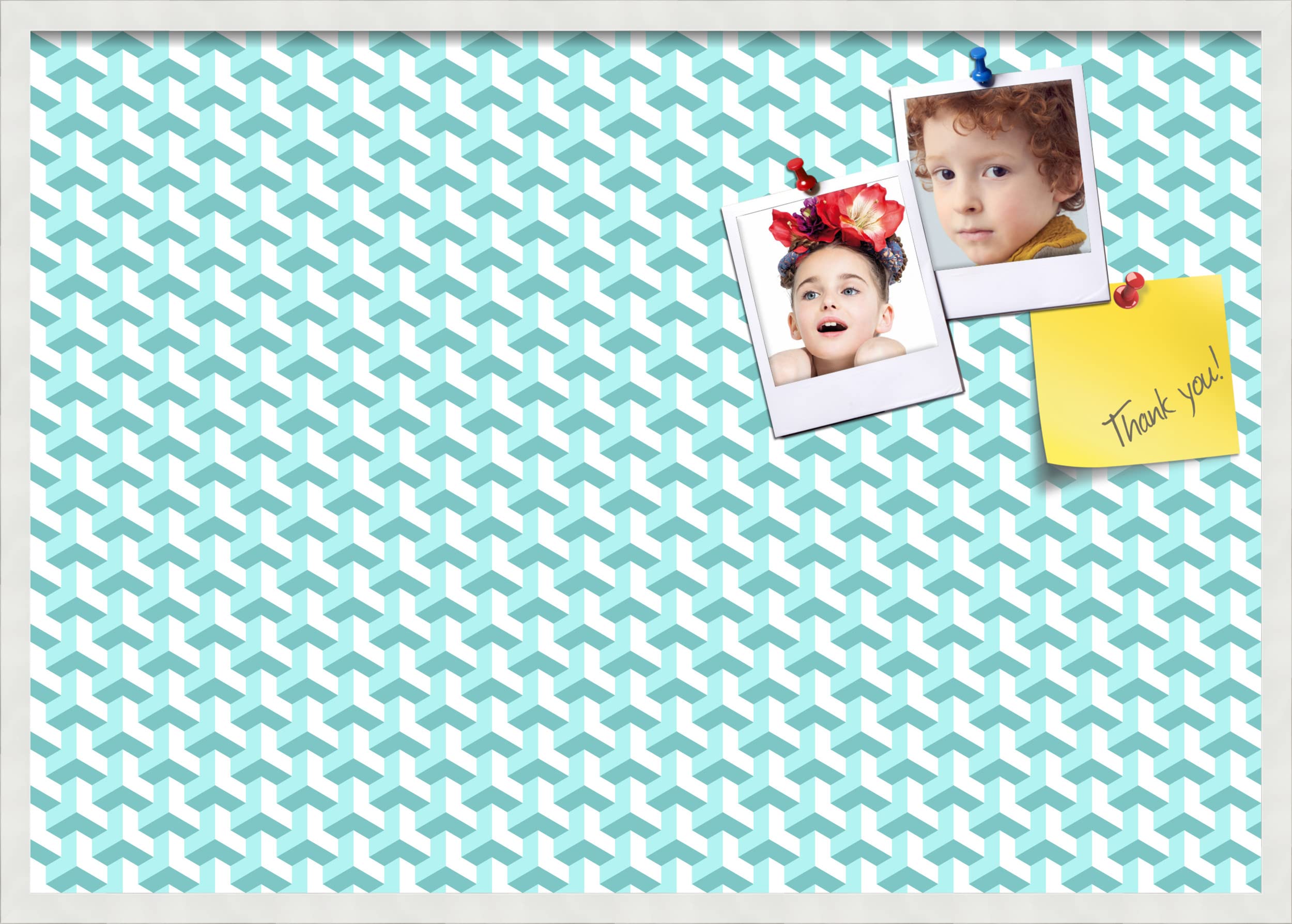 PinPix 40x28 Inch Cork Bulletin Board with BAUS Aqua Design & Satin White Frame - Decorative Pin Board for Home Office School Decor - Perfect for Notes, Photos, Reminders & Wall Organization