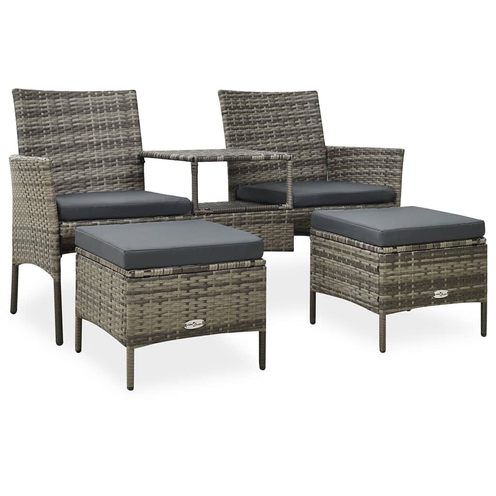 All-Weather Outdoor Wicker Furniture Set - 2-Seater Garden Sofa with Tea Table & Stools, Poly Rattan Gray with Washable Cushion Covers (Fast Shipping) - Perfect for Patio, Backyard, Poolside & Garden Relaxation