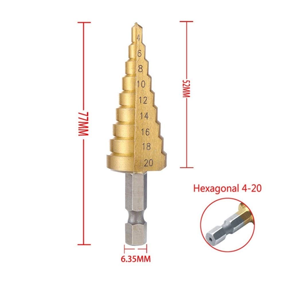 Titanium Coated HSS Step Drill Bit Set 4-20mm Hex Shank - High Speed Steel Cone Drill for Metal & Woodworking - Perfect for DIY Projects, Home Repairs, and Professional Metal Fabrication