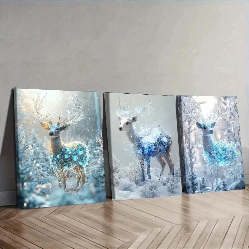 3pcs Deer with Snowflakes Wall Art Set - Ice Blue & Golden Framed Canvas Prints 50x70cm - High Quality Australian Made Ready to Hang - Perfect for Living Room, Bedroom & Office Decor