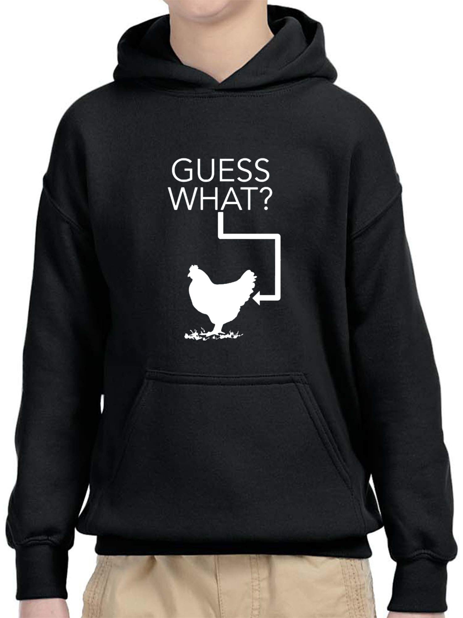 True Way 686 Youth Hoodie - Funny 'Guess What Chicken Butt' Unisex Pullover Sweatshirt, Large Black | Cute Graphic Hooded Sweatshirt for Teens & Adults, Perfect for Casual Wear, School, and Street Fashion
