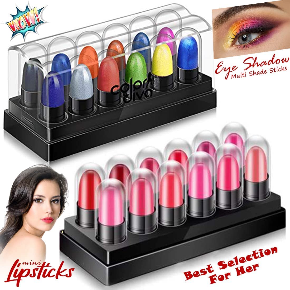 Trendy 12-Color Eyeshadow Palette & Mini Lipstick Set - Complete Eye & Lip Makeup Kit with Lip Crayon for Party & Everyday Wear | 24-Piece Multicolor Cosmetic Collection (CDLPSK110-CDEYSHDW104) | Perfect for Date Night, Girls' Night Out & Special Occasions