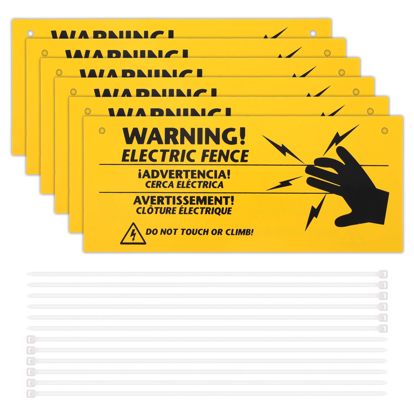 6 Pack Electric Fence Warning Signs with 12 Zip Ties - 10