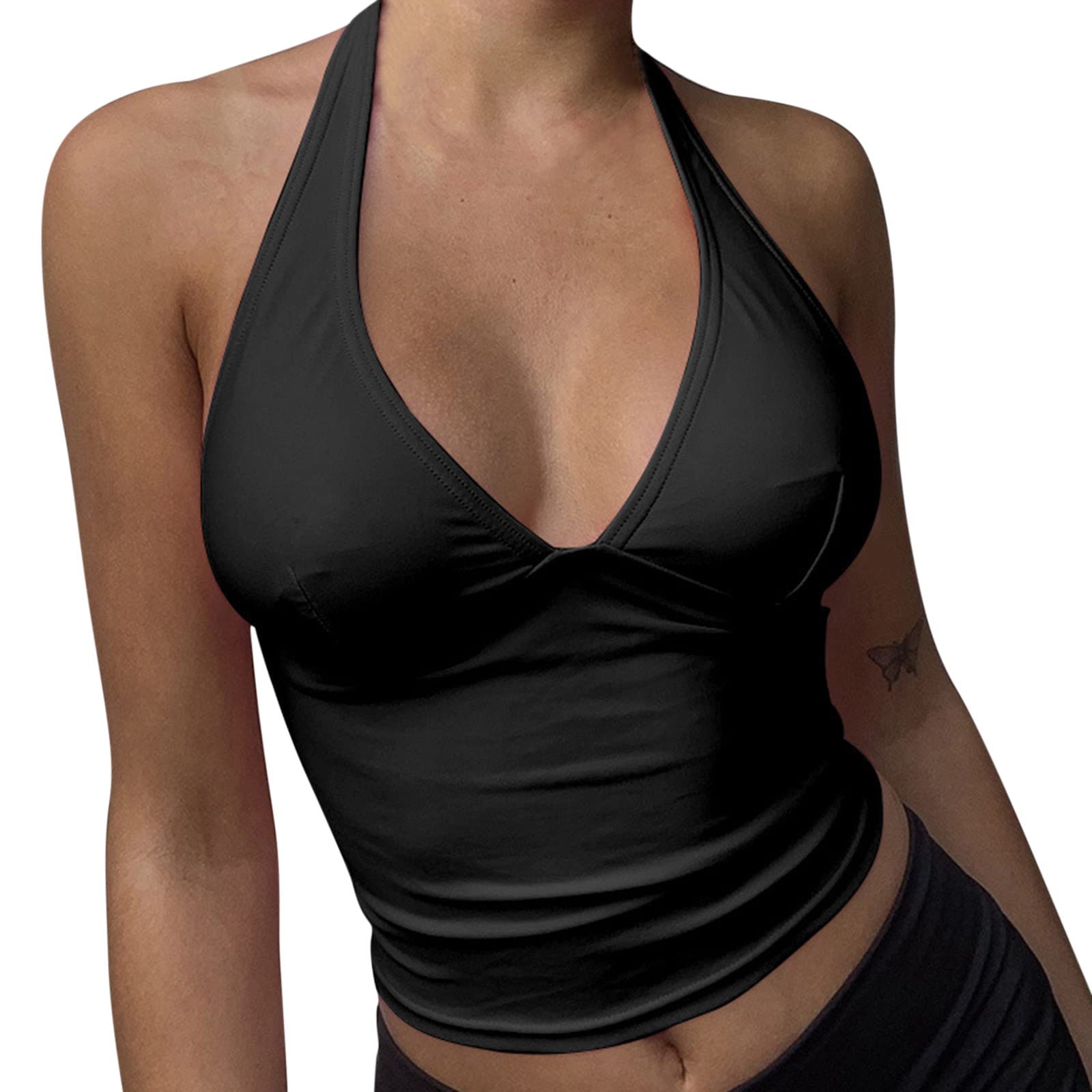 Women's Sexy Deep V Neck Tie Back Halter Crop Top - Sleeveless Camisole for Dressy Casual & Workout | Perfect for Date Night, Gym & Summer Outfits
