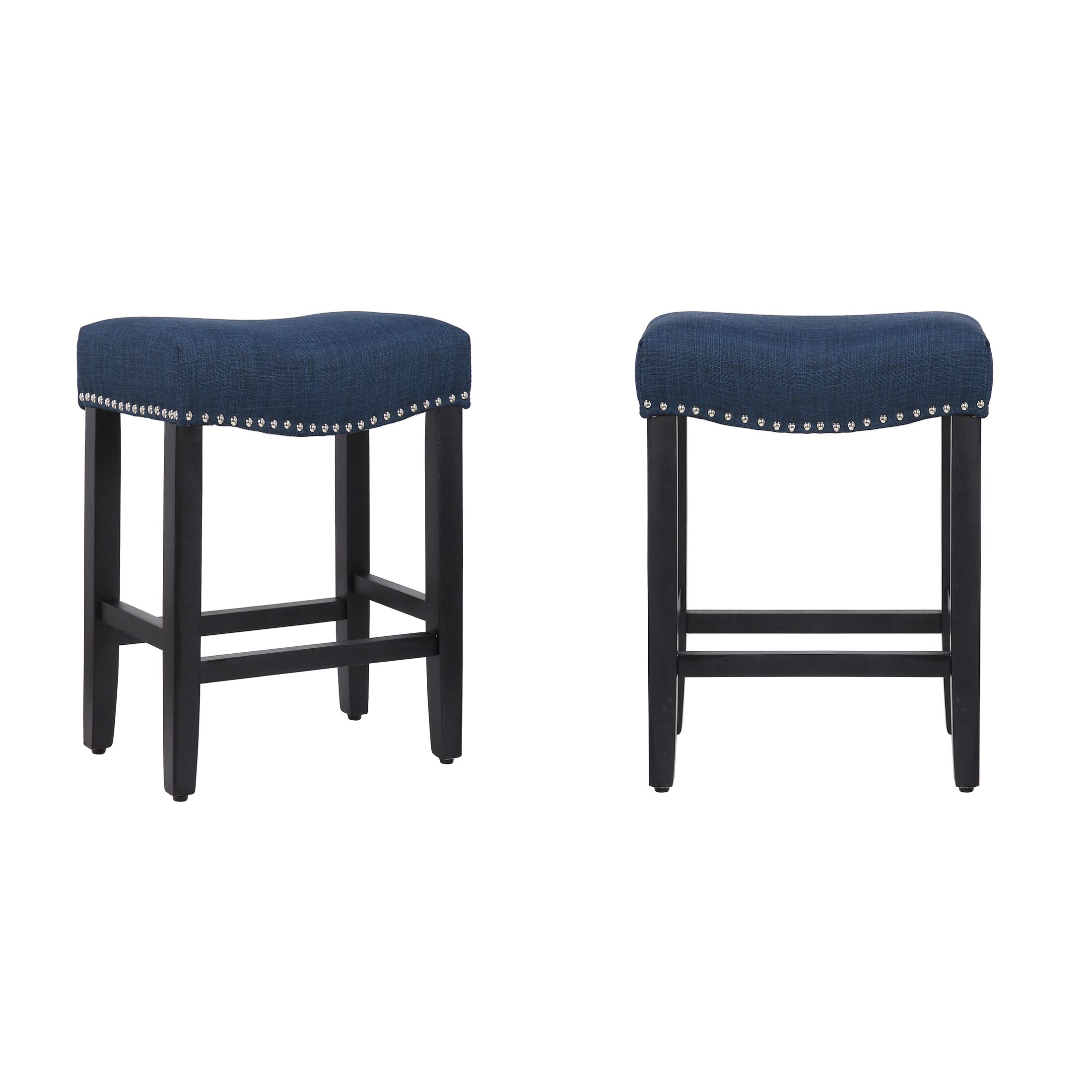 Modern Farmhouse Black Bar Stools Set of 2 - 24 Inch Counter Height Wooden Saddle Stools with Linen Upholstered Cushion & Solid Wood Legs - Navy Blue Kitchen Bar Stools for Home, Restaurant, or Cafe Decor
