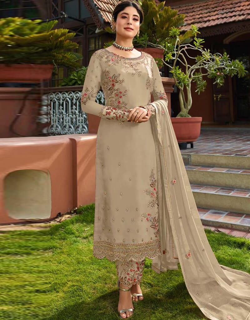 Elegant Beige Pant Style Salwar Suit - Faux Georgette Fabric for Women's Ethnic Wear - Perfect for Weddings, Festivals & Special Occasions