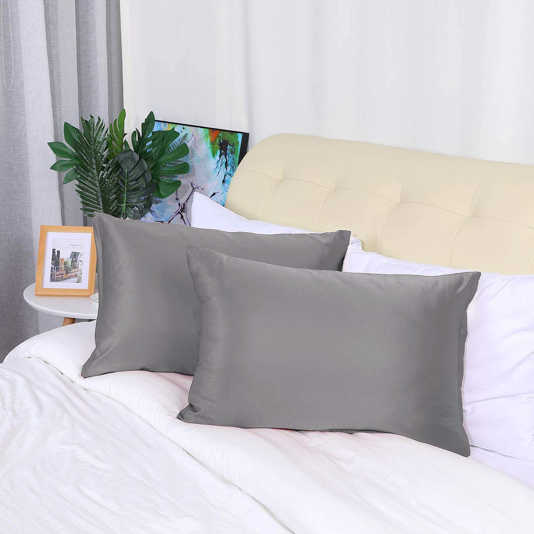 PiccoCasa Set of 4 Luxury Satin Pillowcases with Zipper - Super Silky Soft Grey Queen Size (21x31 inch) for Bedroom, Hotel & Travel - Hypoallergenic & Wrinkle Resistant