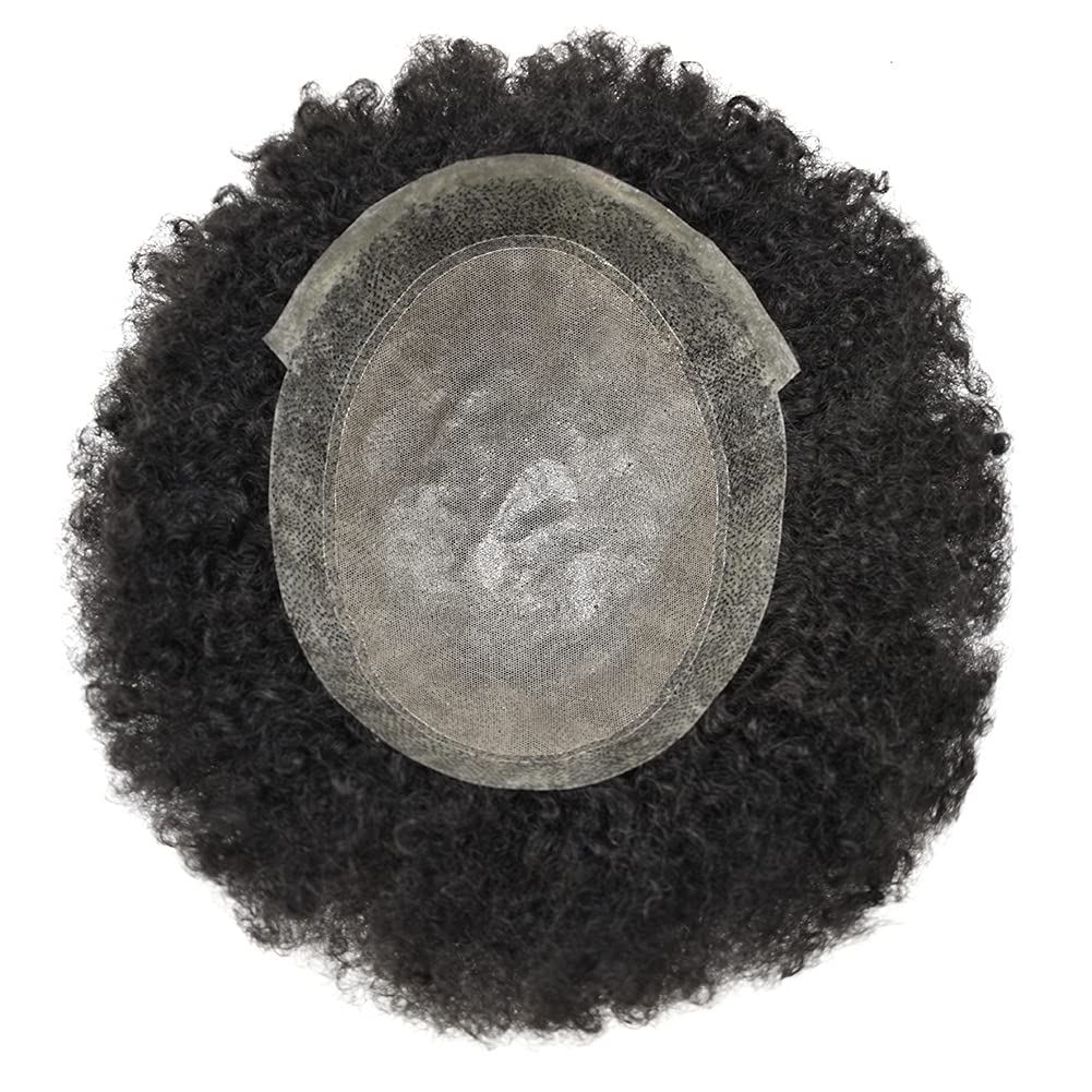 Natural Human Hair Kinky Curly Afro Wig for Black Men - Hand-Tied Injected PU Hair System (10mm Wave, #1B Off Black) | Durable Full Poly Hairpiece for African American Men | Perfect for Daily Wear, Cosplay & Special Events