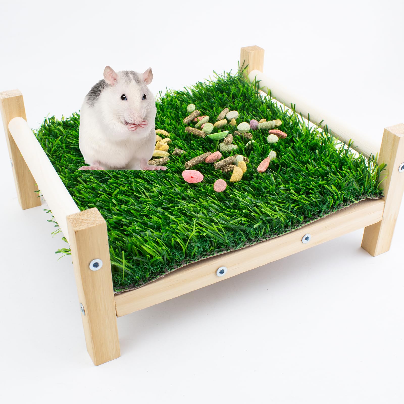 FlidRunest Wooden Rat Foraging Toys - Safe & Natural Chew Enrichment Activity for Pet Rats - Artificial Grass Foraging Mat & Hanging Bed - Perfect for Cage Entertainment & Boredom Relief - Ideal for Small Animal Mental Stimulation & Playtime
