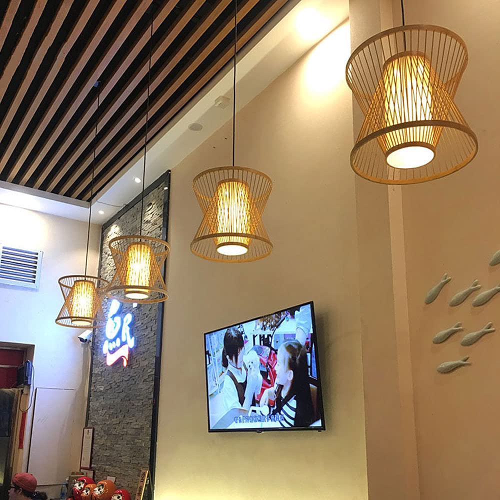 Modern Bamboo LED Pendant Light - Chinese Style Lantern Chandelier for Kitchen Island, Dining Room & Living Room | Semi-Recessed Ceiling Hanging Lamp | Perfect for Farmhouse, Restaurant & Home Decor | Energy-Efficient Lighting Solution