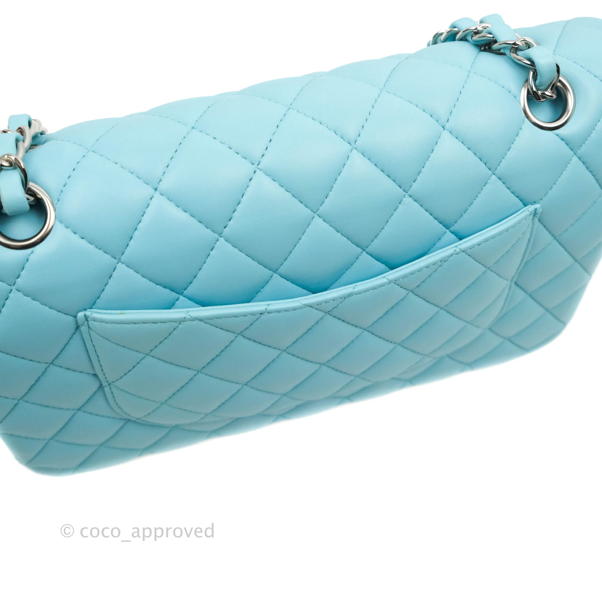 Chanel Classic Medium Double Flap Bag in Tiffany Neon Blue Lambskin with Silver Hardware 21S Collection - Perfect for Evening Events & Luxury Fashion Accessories
