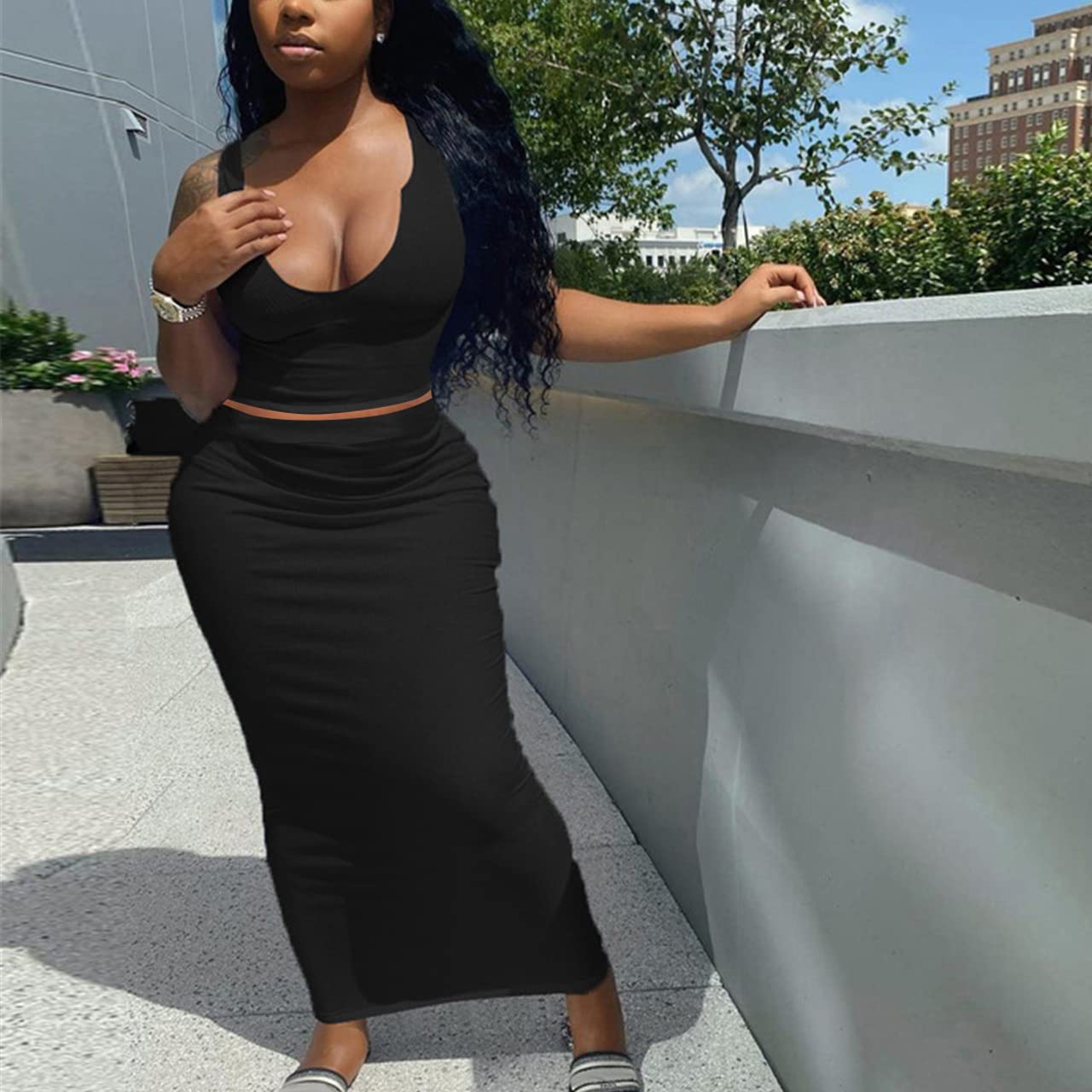 Sexy Women's Two Piece Skirt Outfit - Long Sleeve/Sleeveless V Neck Bodycon Ribbed Knit Maxi Dress for Club, Party & Night Out | Elegant Evening Wear & Date Night Outfit