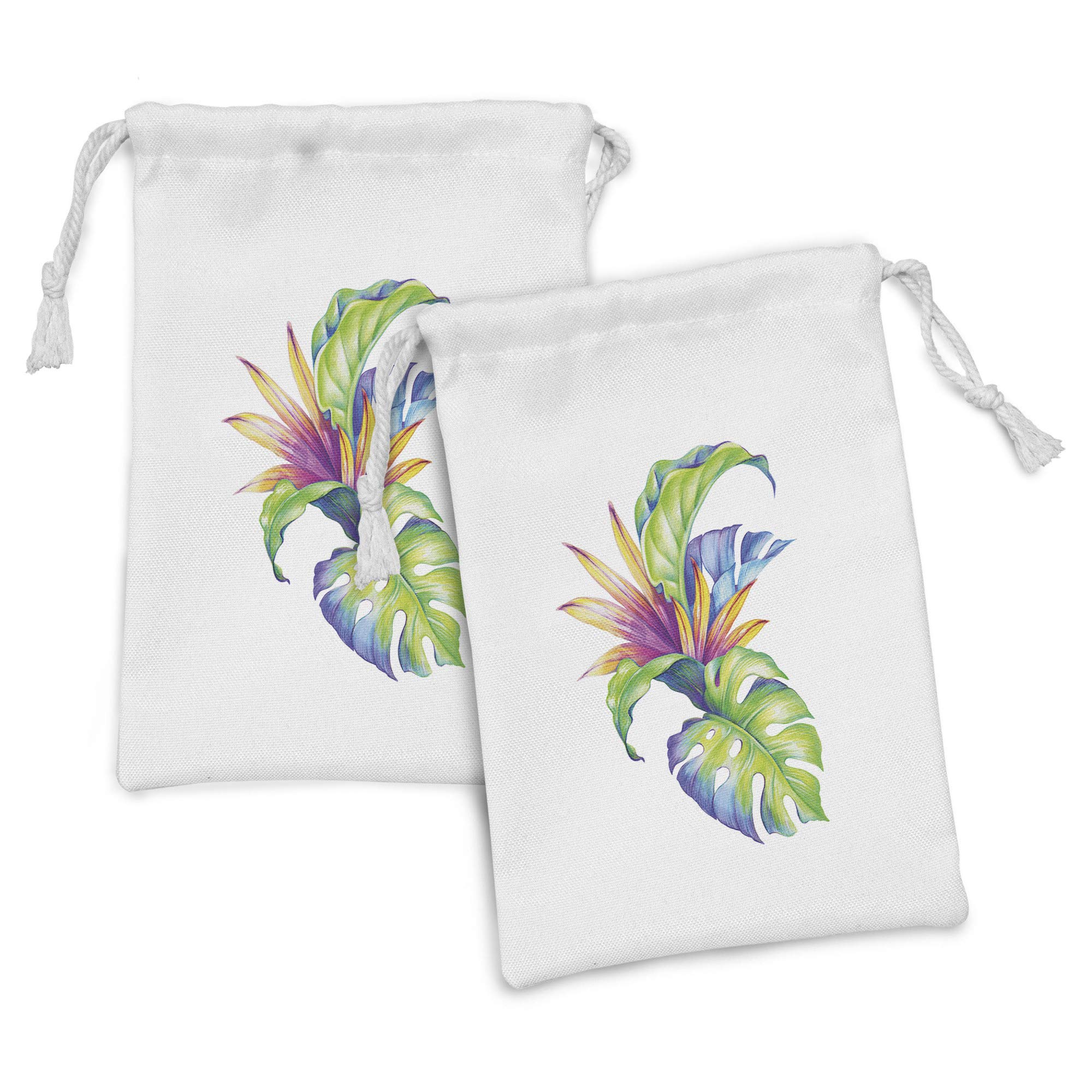 Ambesonne 2-Pack Fabric Drawstring Pouches - Tropical Leaves & Monstera Print Small Bags (9