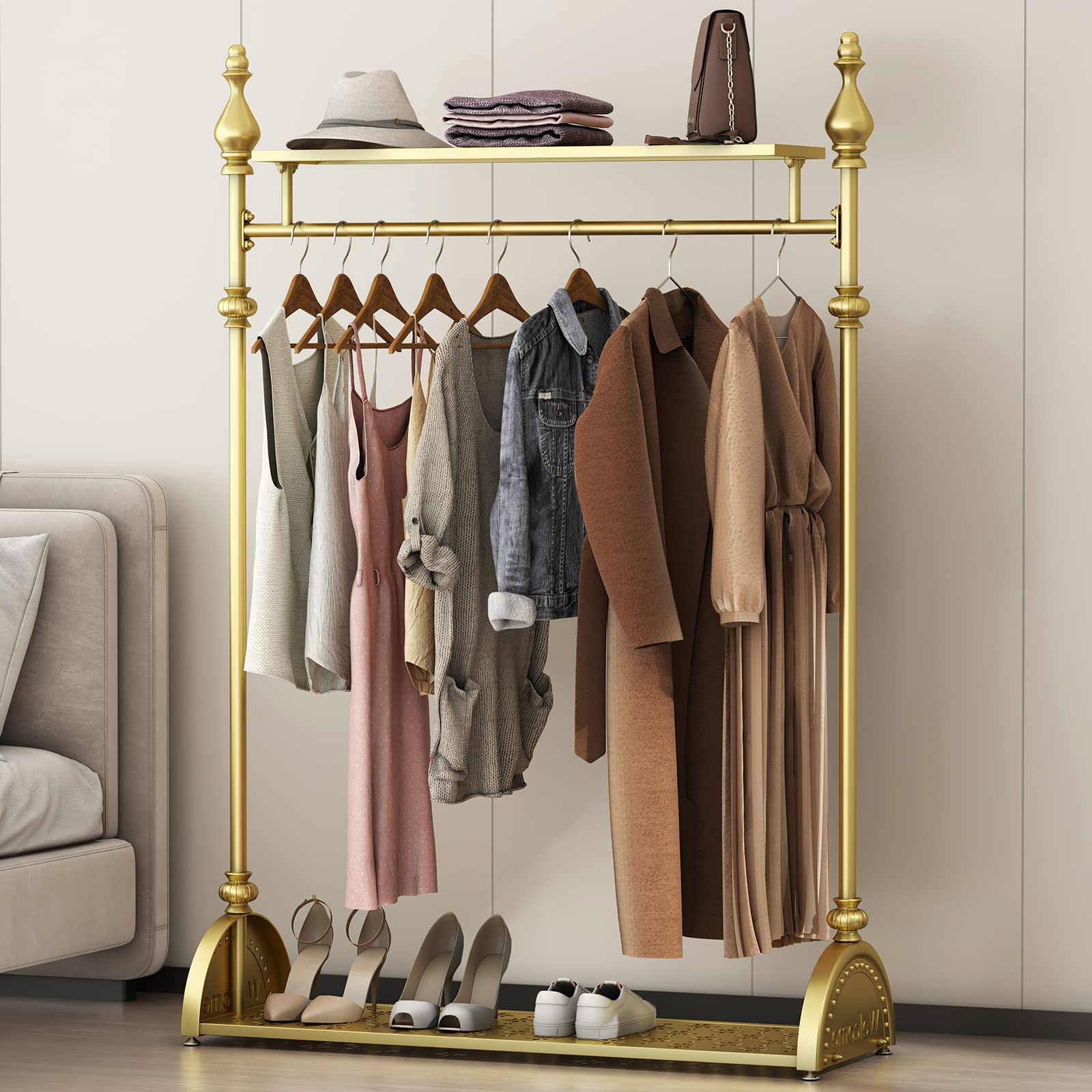Gold Industrial Clothing Rack - Heavy Duty Freestanding Garment Rack with Double Shelves | Movable Metal Coat Rack for Organizing Clothes & Shoes | Perfect for Bedroom Closet, Retail Store Display & Laundry Room Organization