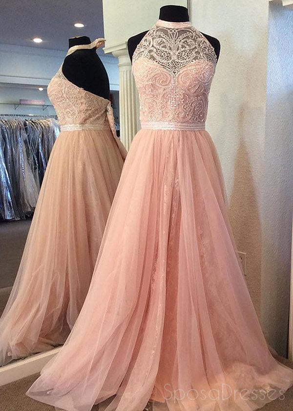 2018 Blush Pink Halter Lace Beaded Long Custom Evening Prom Dresses for Women - Elegant Formal Gowns for Homecoming, Wedding, Pageant & Special Occasions
